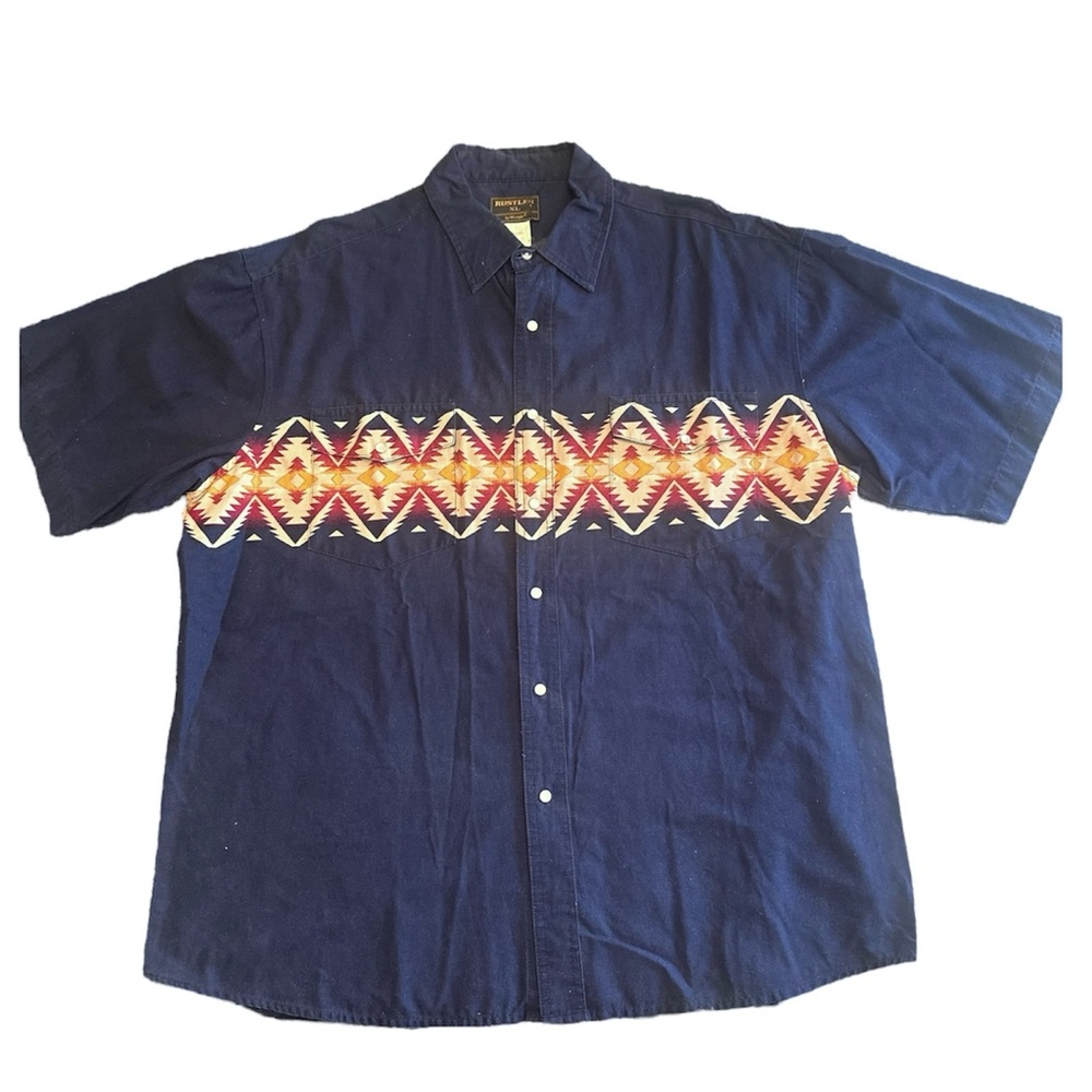 Rustler Wrangler Men's Navy Aztec Pearl Snap Short Sleeve Shirt Western Size XL